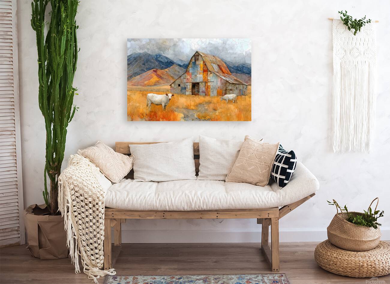 Mosaic Barn & Two White Cows – Farmhouse Landscape Art Print Reproduction