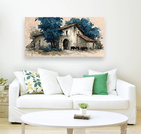 Cows by the Stone Arch – Farmhouse Landscape Art Print Reproduction