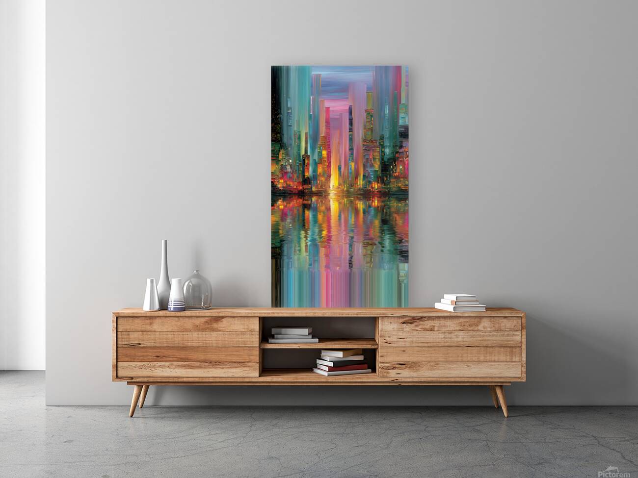 Vertical Metropolis – Neon Skyline Reflection Print Reproduction