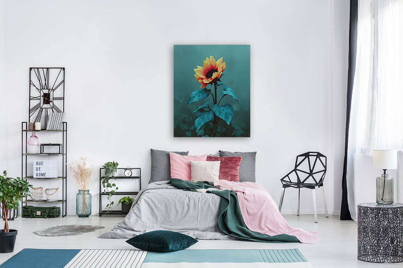 Teal Garden Sunflower – Moody Botanical Art Print Reproduction