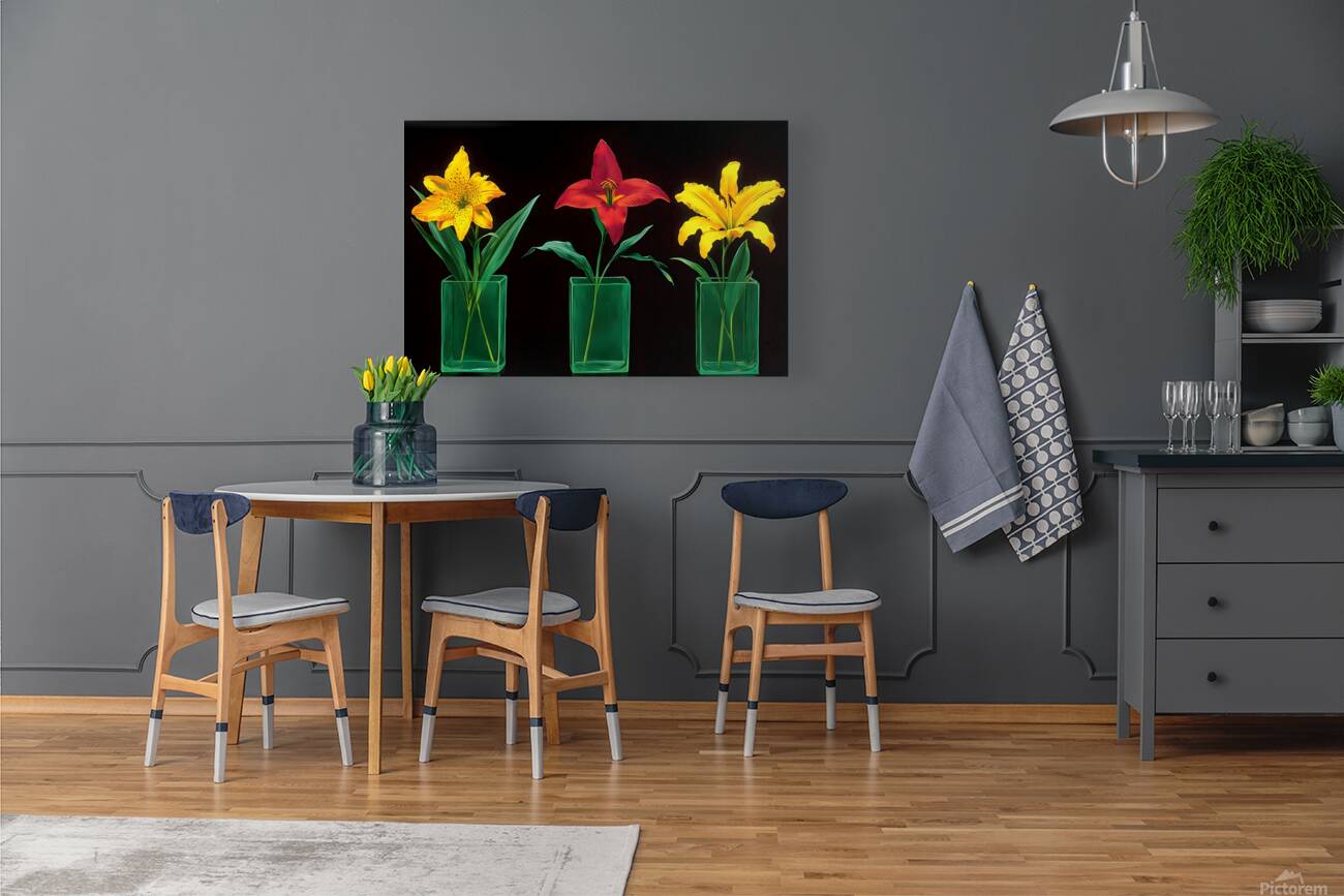Neon Stems – Trio of Lilies on Black Print Reproduction