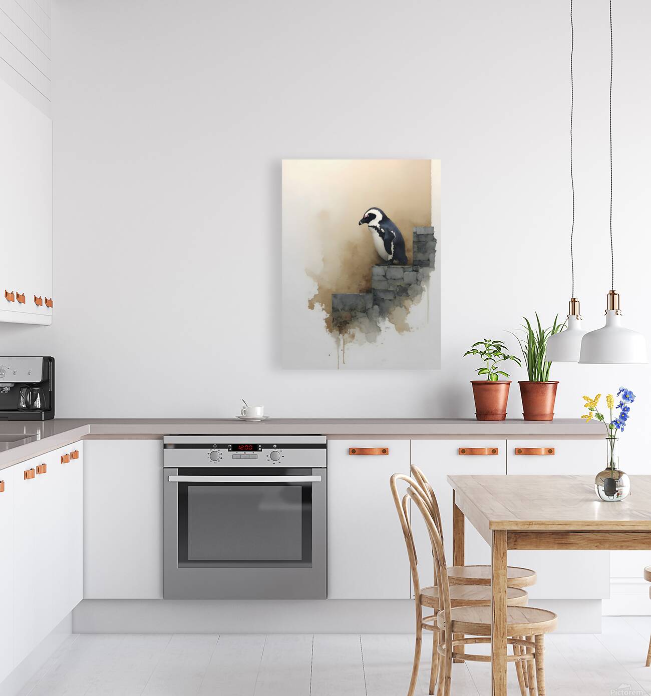 Steps of Solitude – Penguin on Stone Wall Print Reproduction