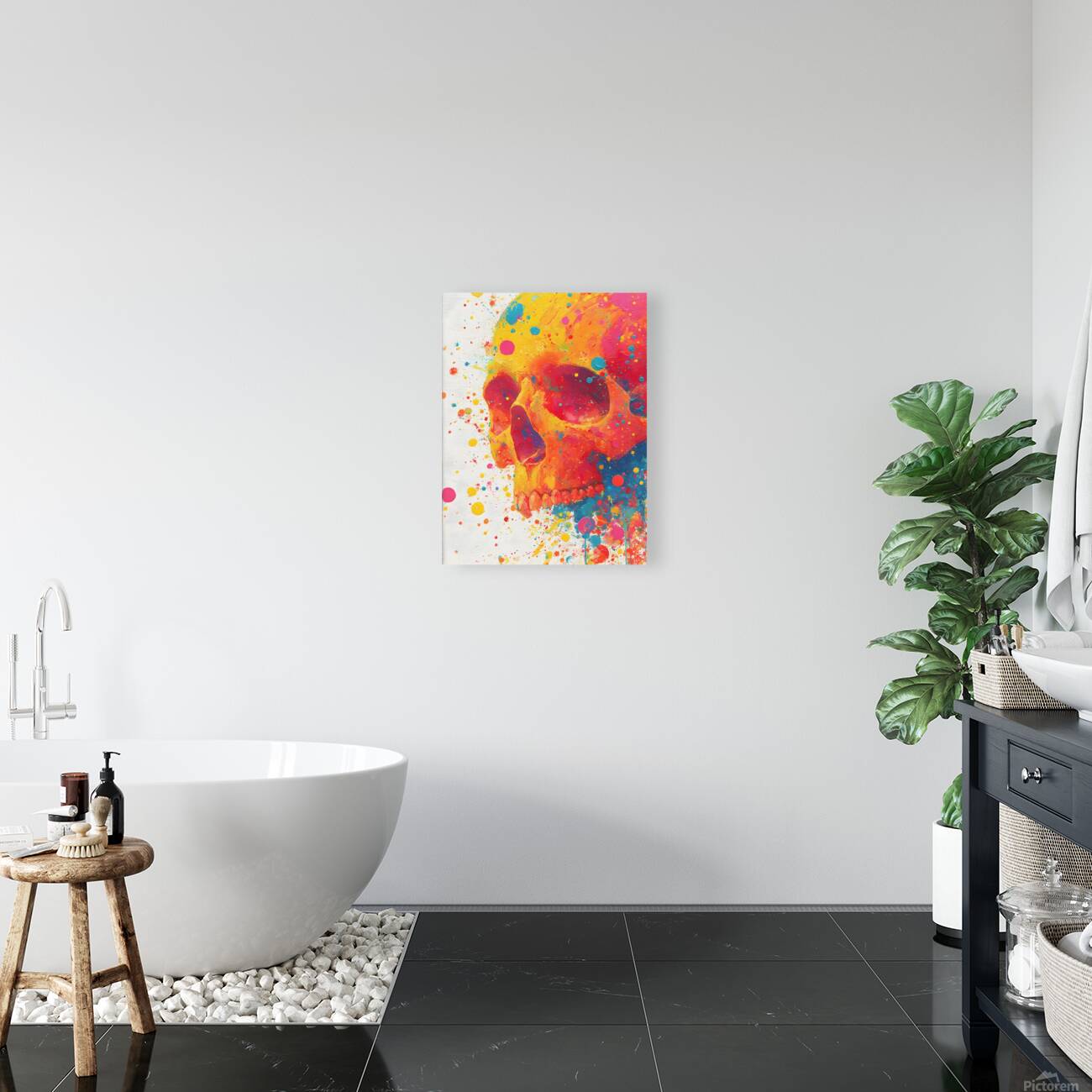 Neon Rebirth – Splatter Skull Canvas Reproduction
