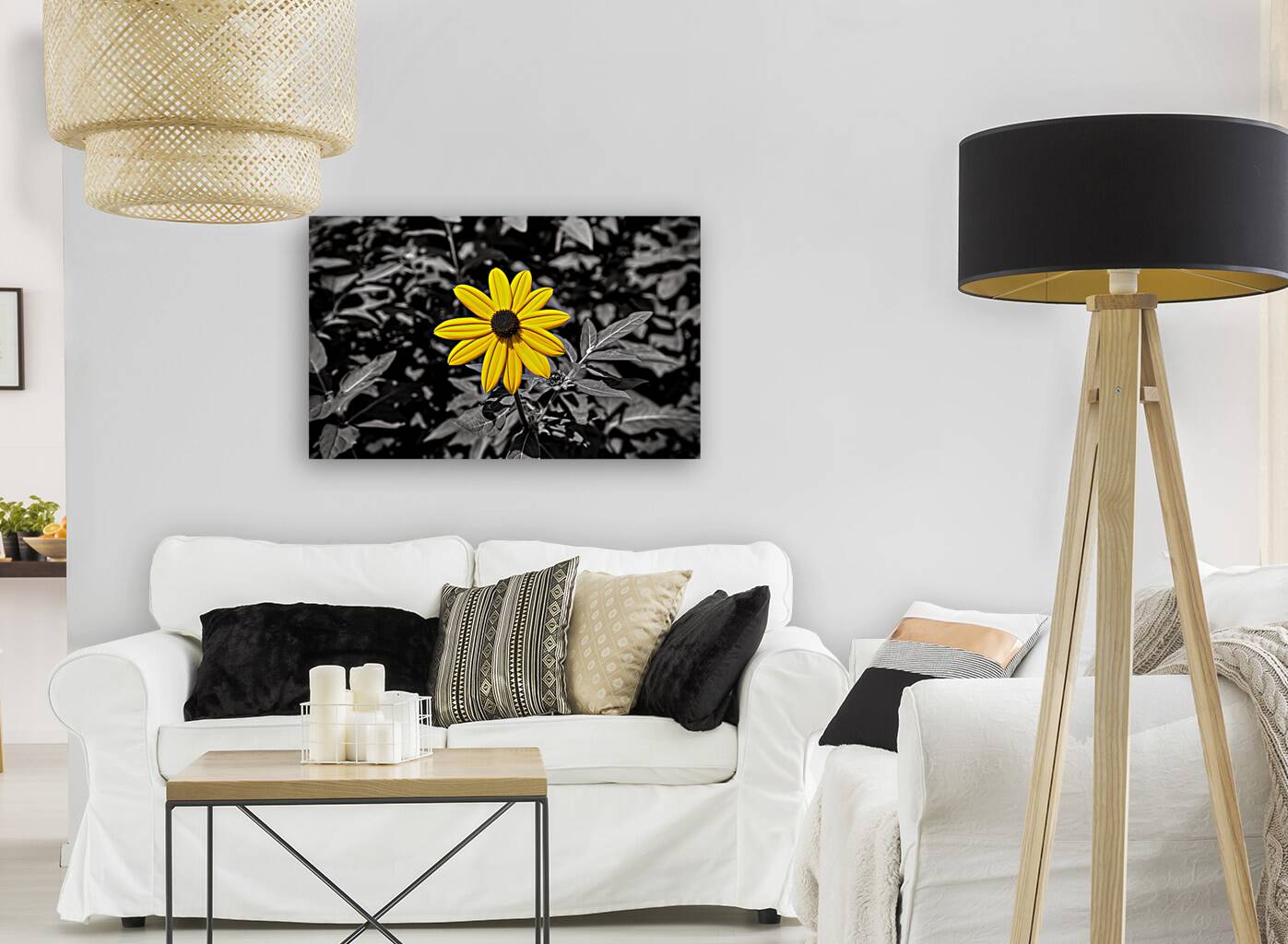 Golden Defiance – Yellow Flower in Monochrome Field Print Reproduction