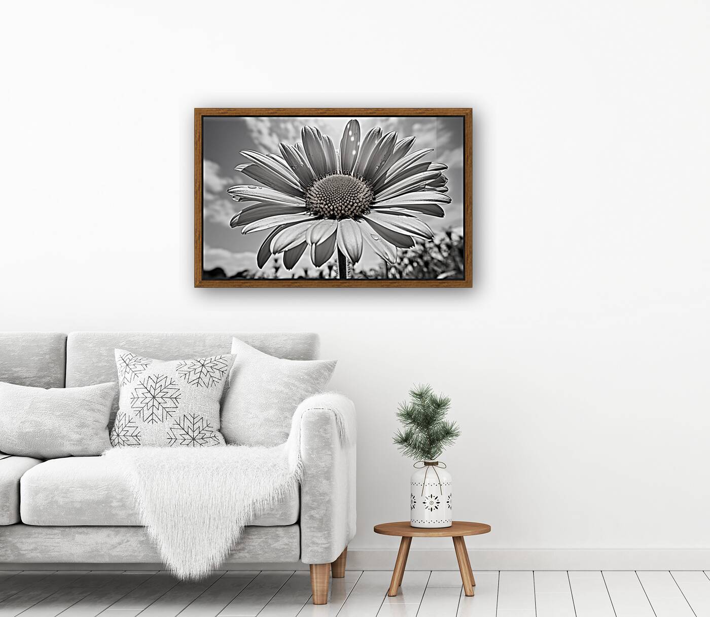 Sky Whisper – Monochrome Daisy Under Clouds Reproduction