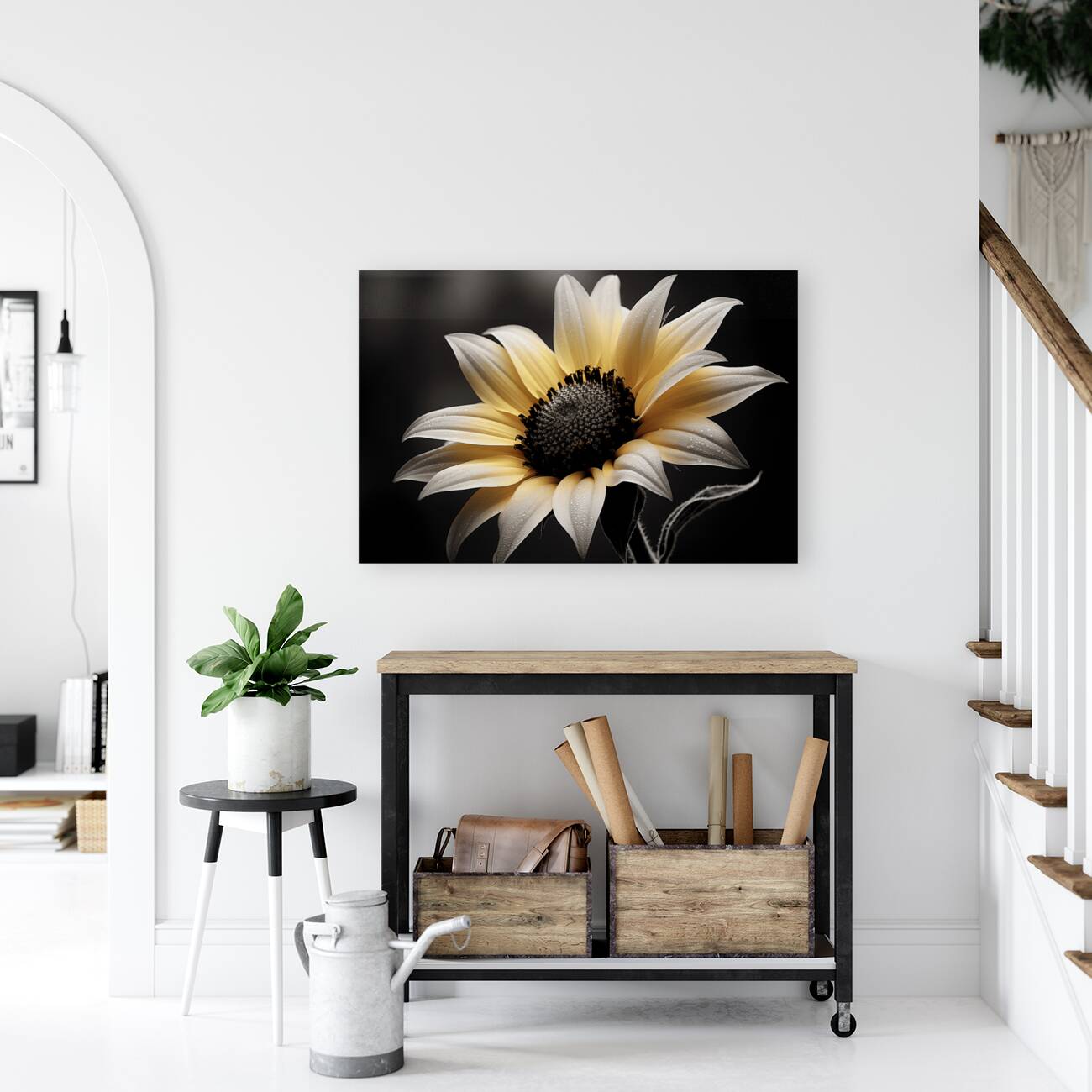 Silver Petals – Monochrome Sunflower Portrait Print Reproduction