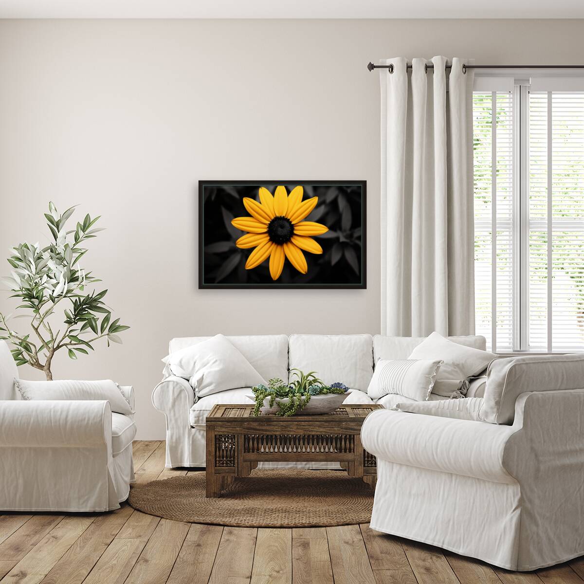 Lone Glow – Yellow Sunflower on Black Print Reproduction