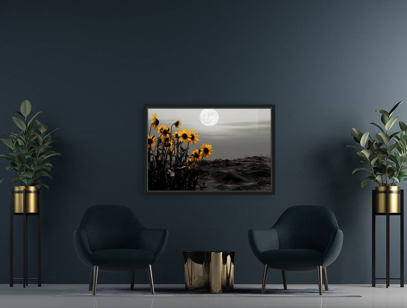Harvest Moon – Golden Sunflowers by Moonlight Print Reproduction