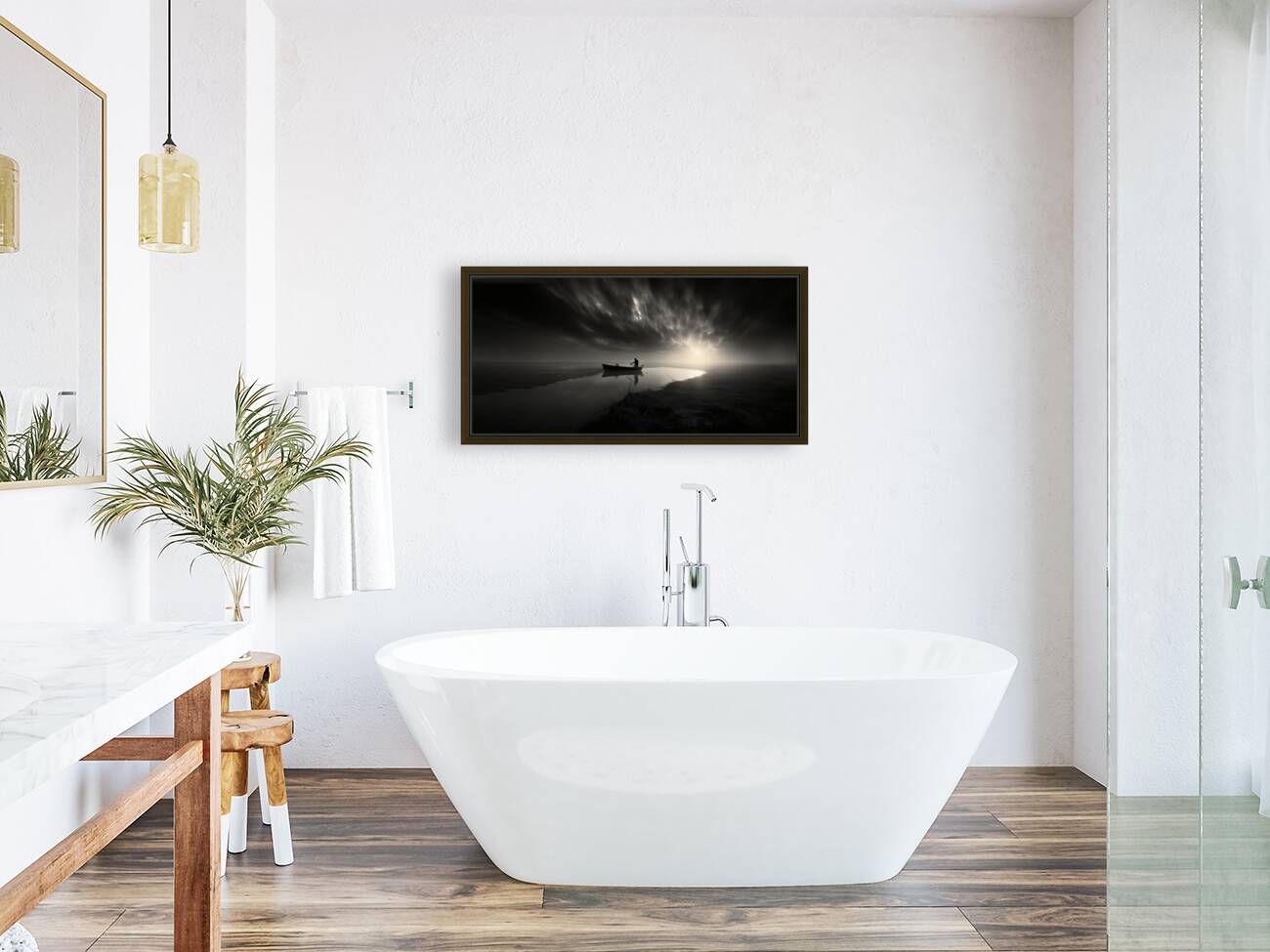 The Fisherman’s Prayer – Black and White Boat at Sea Print Reproduction