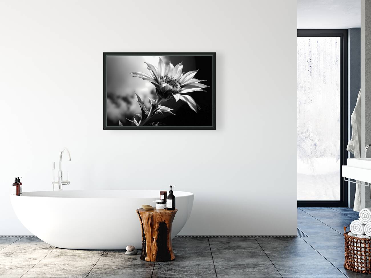 Sunflower Monochrome – Black & White Botanical Study Reproduction