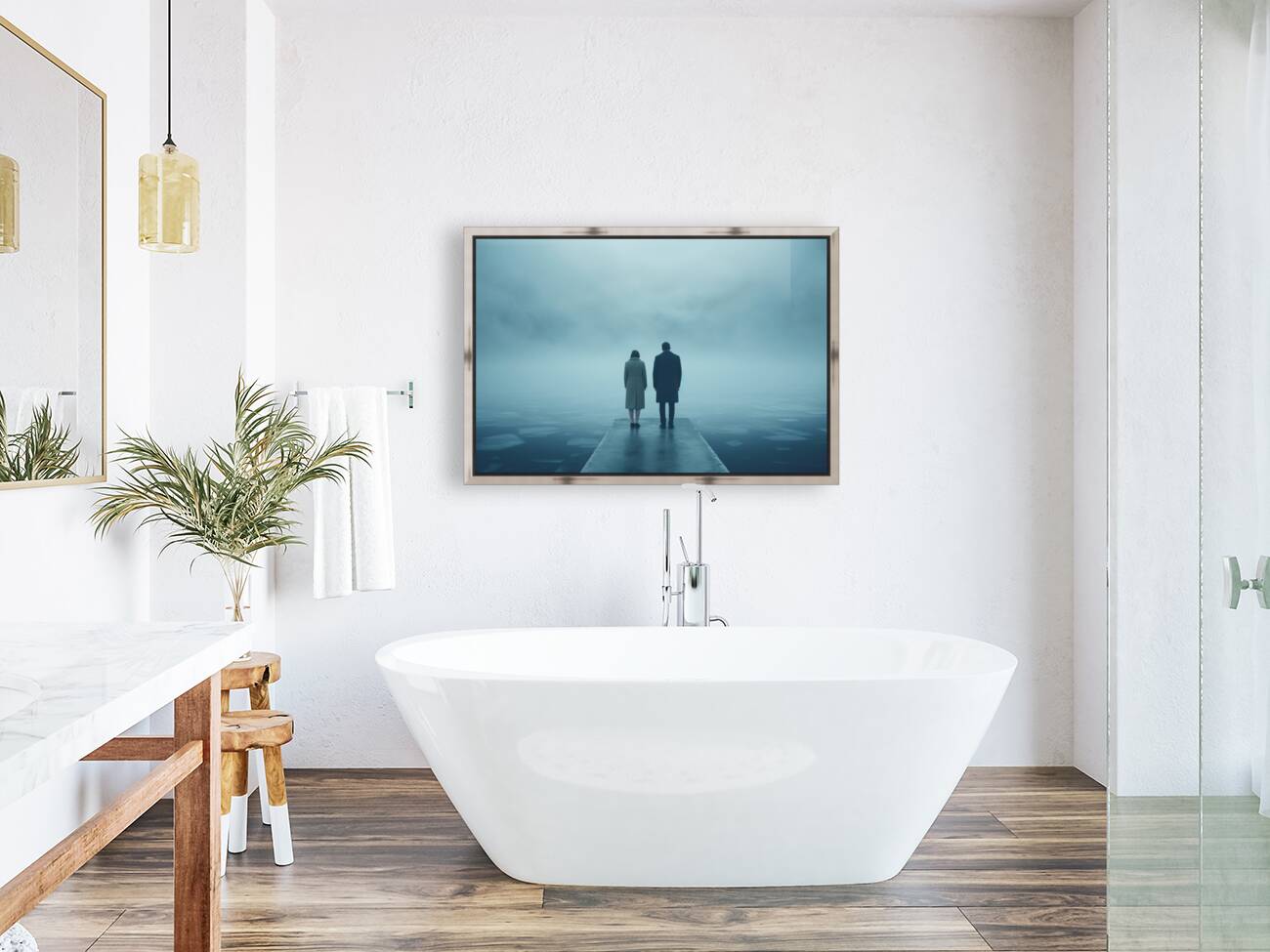 Together at the Shore – Moody Minimalist Couple Photography Print Reproduction