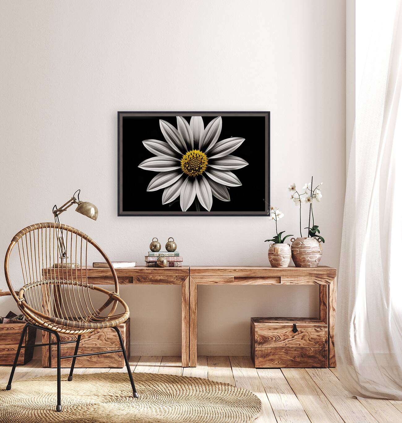 Resplendent – Luminous Daisy Monochrome Art Print Reproduction