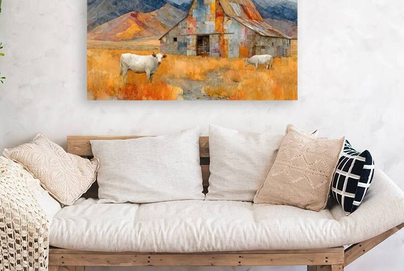 Mosaic Barn & Two White Cows – Farmhouse Landscape Art Print by Savage Art Prints