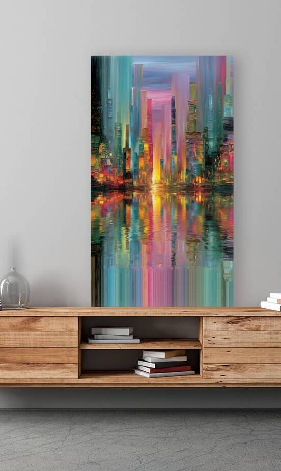 Vertical Metropolis – Neon Skyline Reflection Print by Savage Art Prints