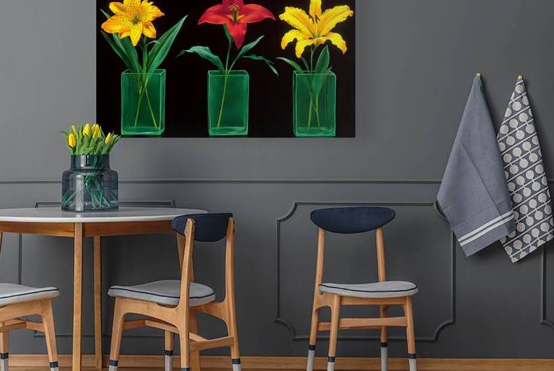 Neon Stems – Trio of Lilies on Black Print by Savage Art Prints
