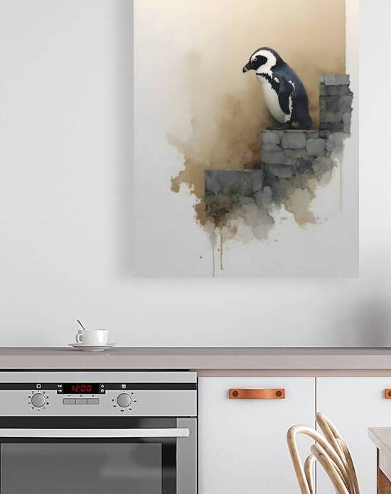 Steps of Solitude – Penguin on Stone Wall Print by Savage Art Prints