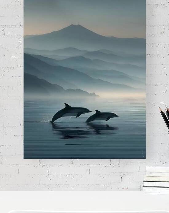 Misty Dolphins – Serene Ocean Leap Print by Savage Art Prints