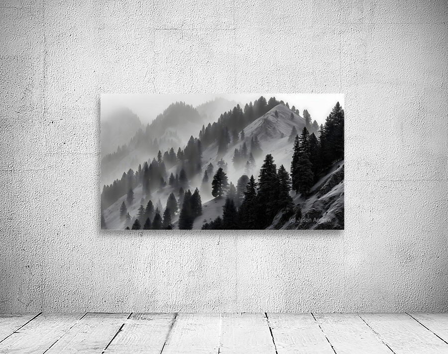 Mist Over Mountain Pines - Monochrome Landscape Art Prints Wall Preview