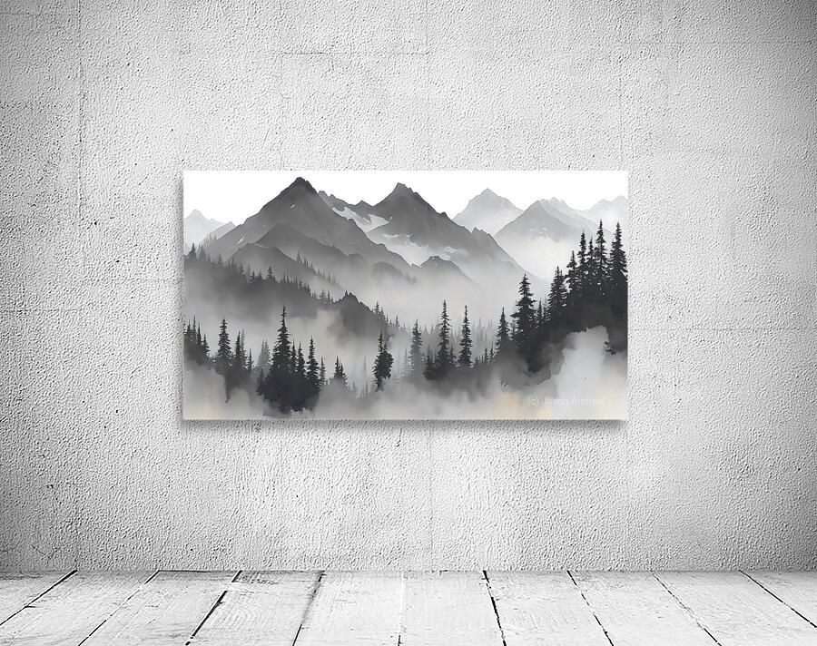 Misty Mountain Pines - Monochrome Landscape Art Prints Wall Preview