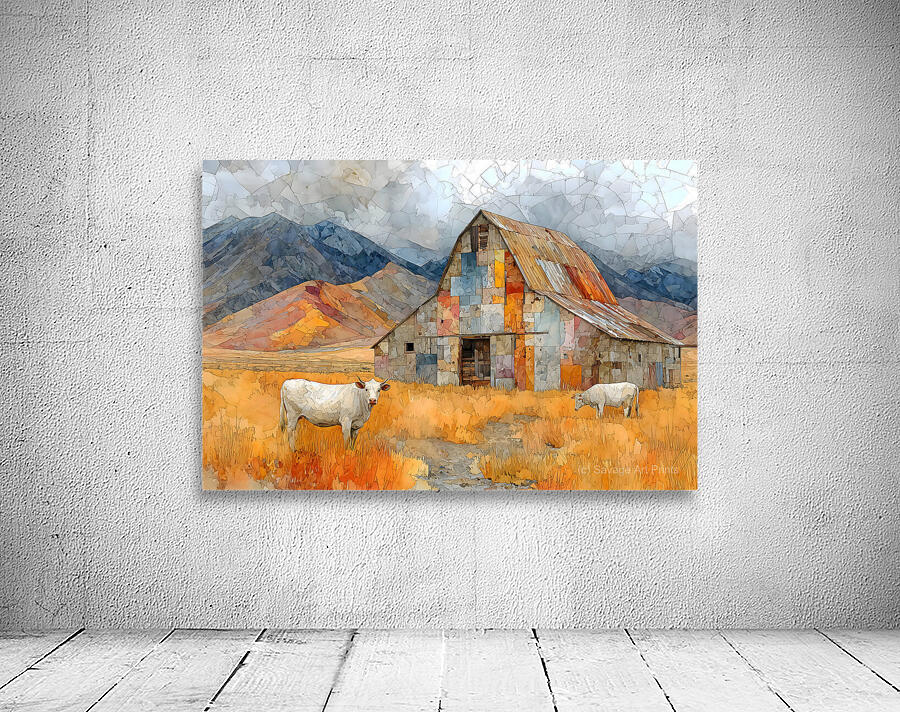 Mosaic Barn & Two White Cows – Farmhouse Landscape Art Print Wall Preview
