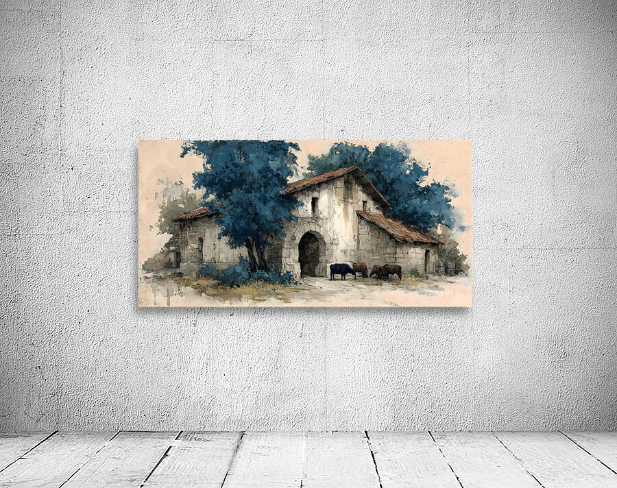 Cows by the Stone Arch – Farmhouse Landscape Art Print Wall Preview