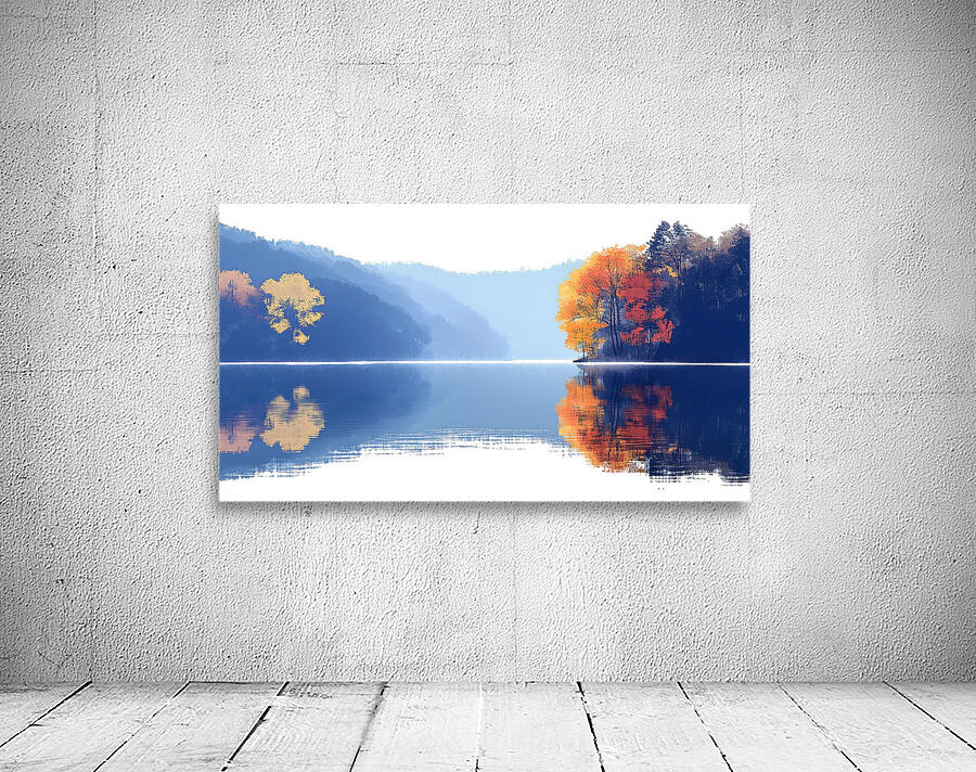 Blue Haze – Misty Lake Reflection Print Wall Preview