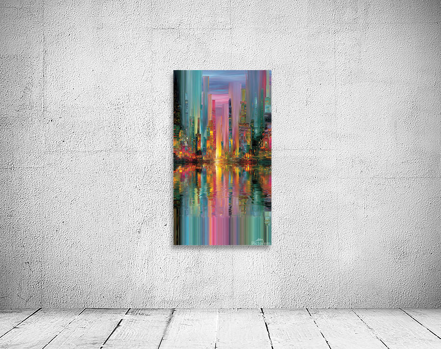 Vertical Metropolis – Neon Skyline Reflection Print Wall Preview