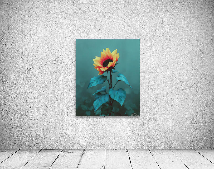 Teal Garden Sunflower – Moody Botanical Art Print Wall Preview