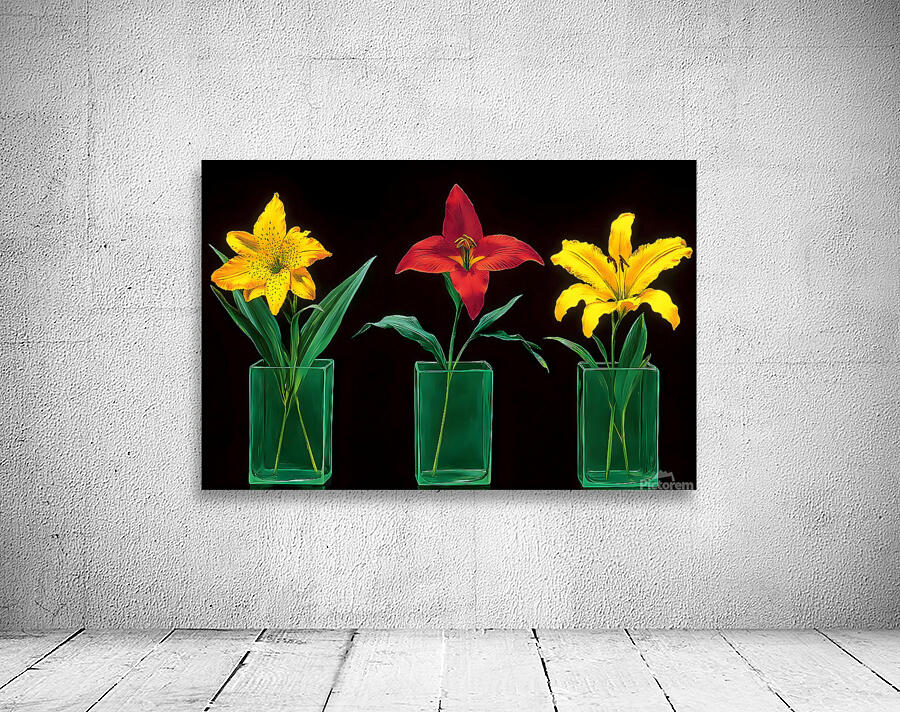 Neon Stems – Trio of Lilies on Black Print Wall Preview