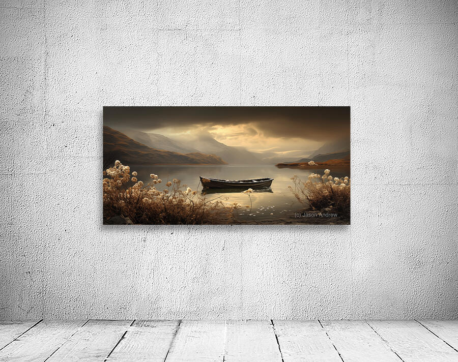 Silent Passage – Golden Boat Landscape Print Wall Preview