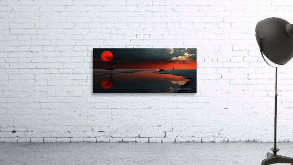 Scarlet Sun Lake – Minimalist Sunset Reflection Print Wall Preview