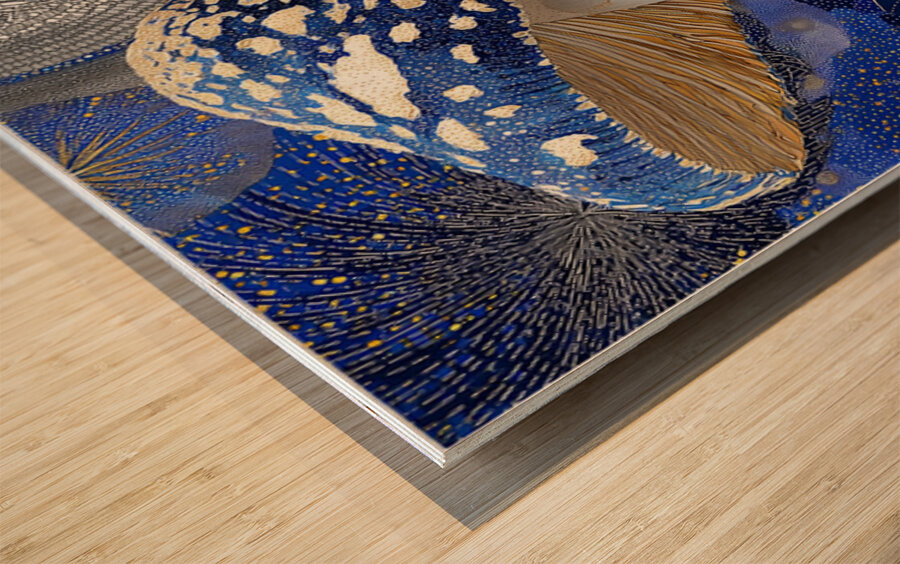 Celestial Cap – Blue Cosmic Mushroom Abstract Print Wood print