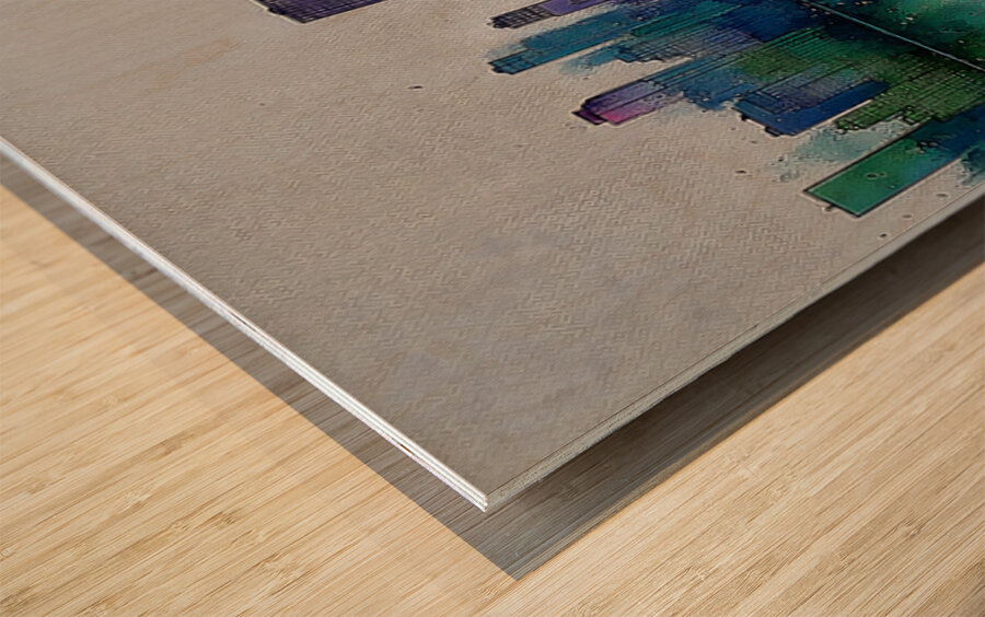 Aurora Skyline – Watercolor Cityscape Abstract Print Wood print