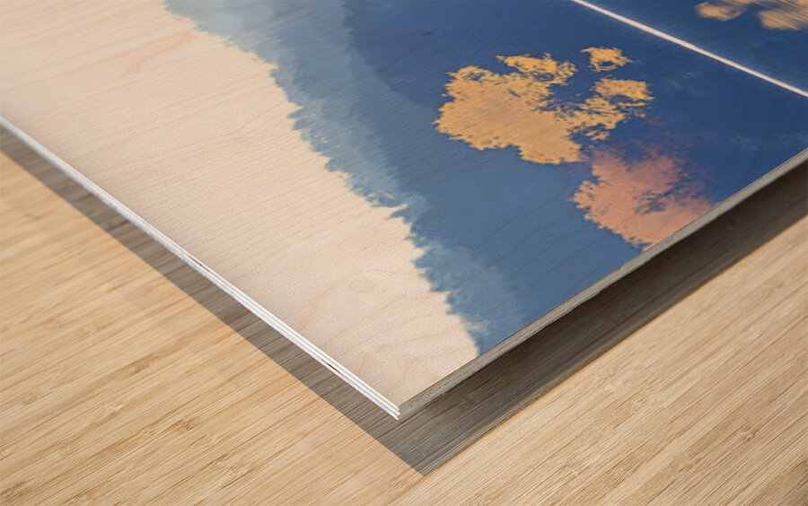 Blue Haze – Misty Lake Reflection Print Wood print