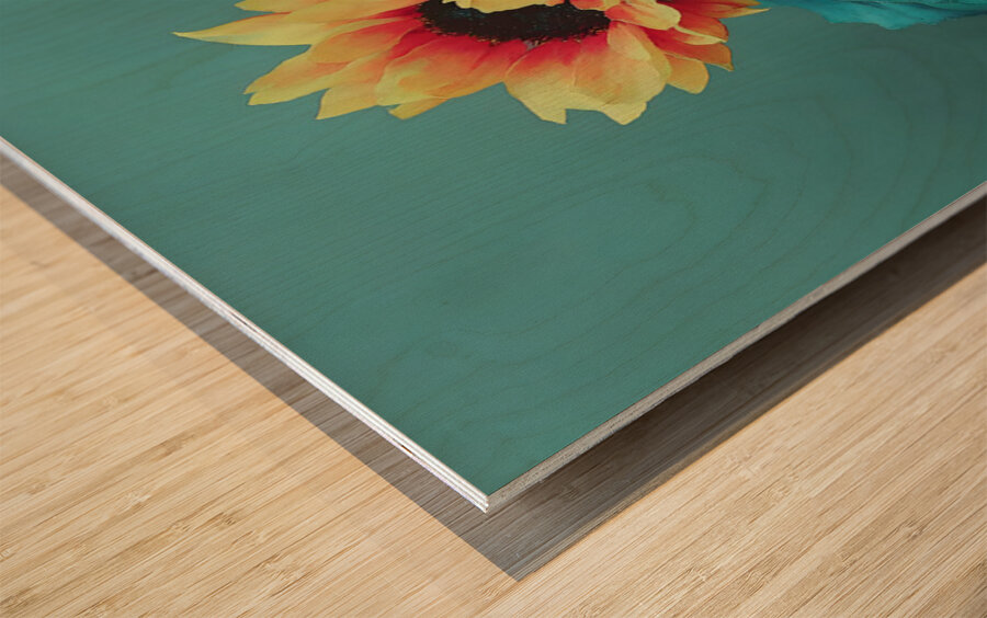 Teal Garden Sunflower – Moody Botanical Art Print Wood print