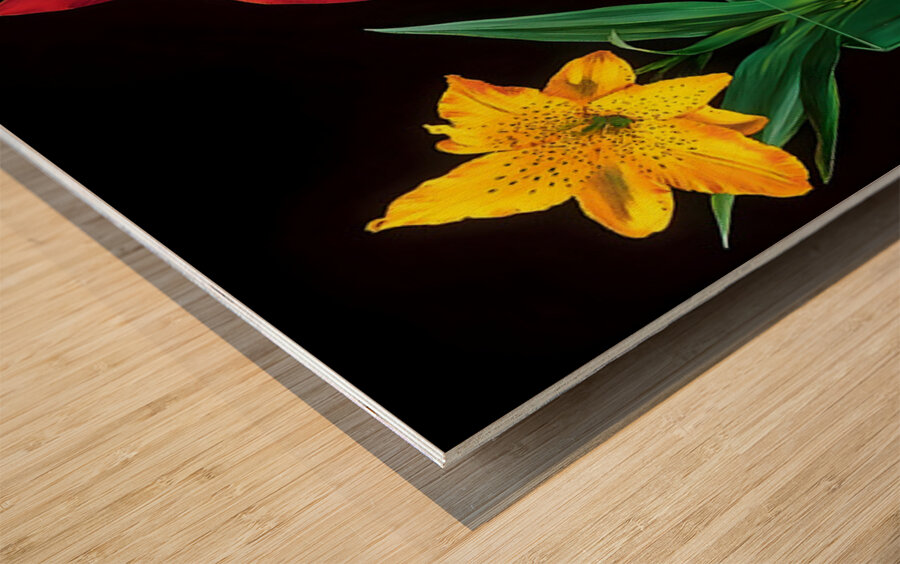 Neon Stems – Trio of Lilies on Black Print Wood print