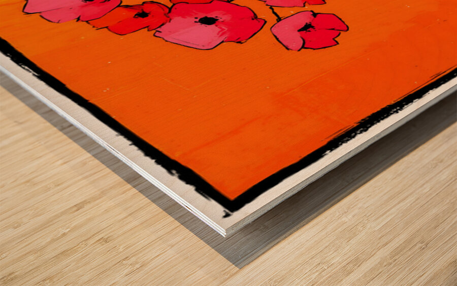 Poppies Against the Fire – Retro Minimal Floral Print Wood print