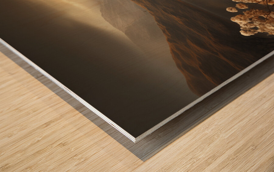 Silent Passage – Golden Boat Landscape Print Wood print