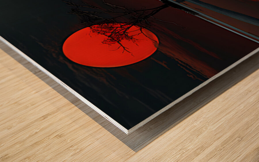 Scarlet Sun Lake – Minimalist Sunset Reflection Print Wood print
