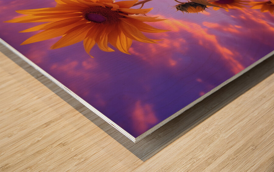 Skyscape Sunflowers – Purple Sunset Botanical Print Wood print