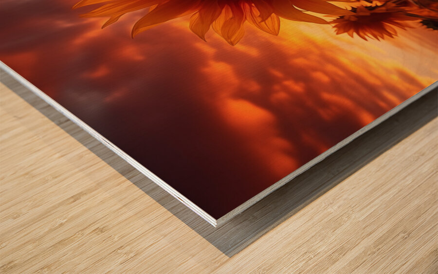 Blaze of Blooms – Dramatic Sunflower Sunset Print Wood print