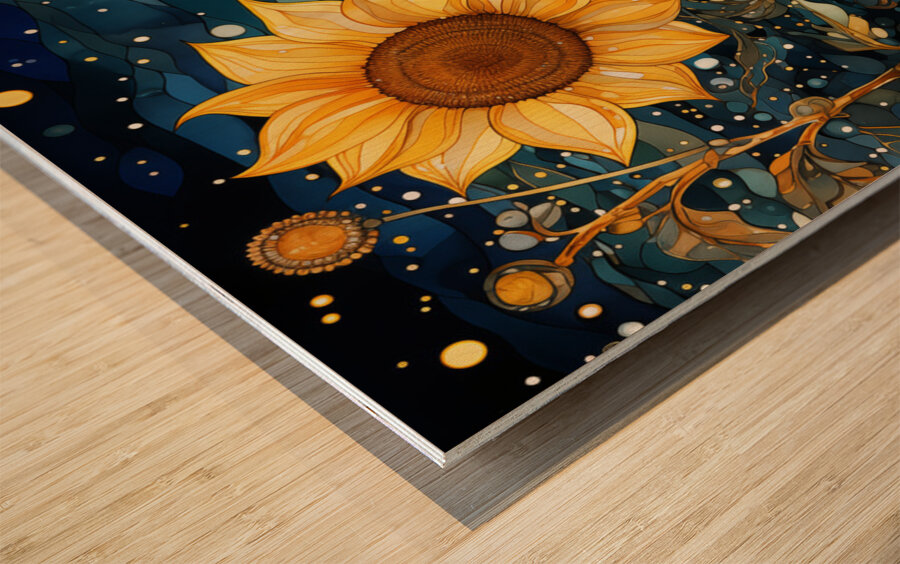 Starry Night Sunflowers – Van Gogh-Inspired Floral Art Print Wood print