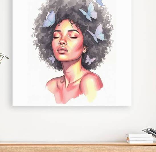 Afro Beauty with Butterflies – Watercolor Portrait Art by Simply With Love M S