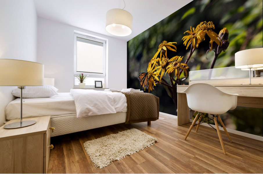 Distant Monarch: Butterfly on Yellow Flowers Mural print