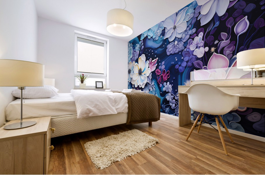 Midjourney Simulation : Une explosion florale sur fond fonce Mural print