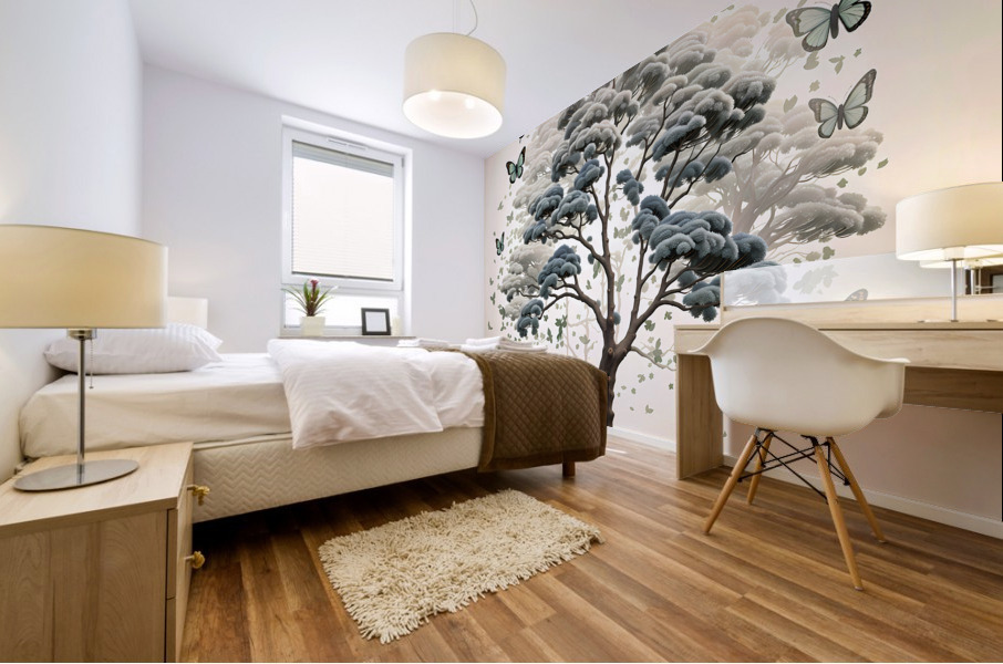 Double Exposition : Arbres et Papillons Mural print