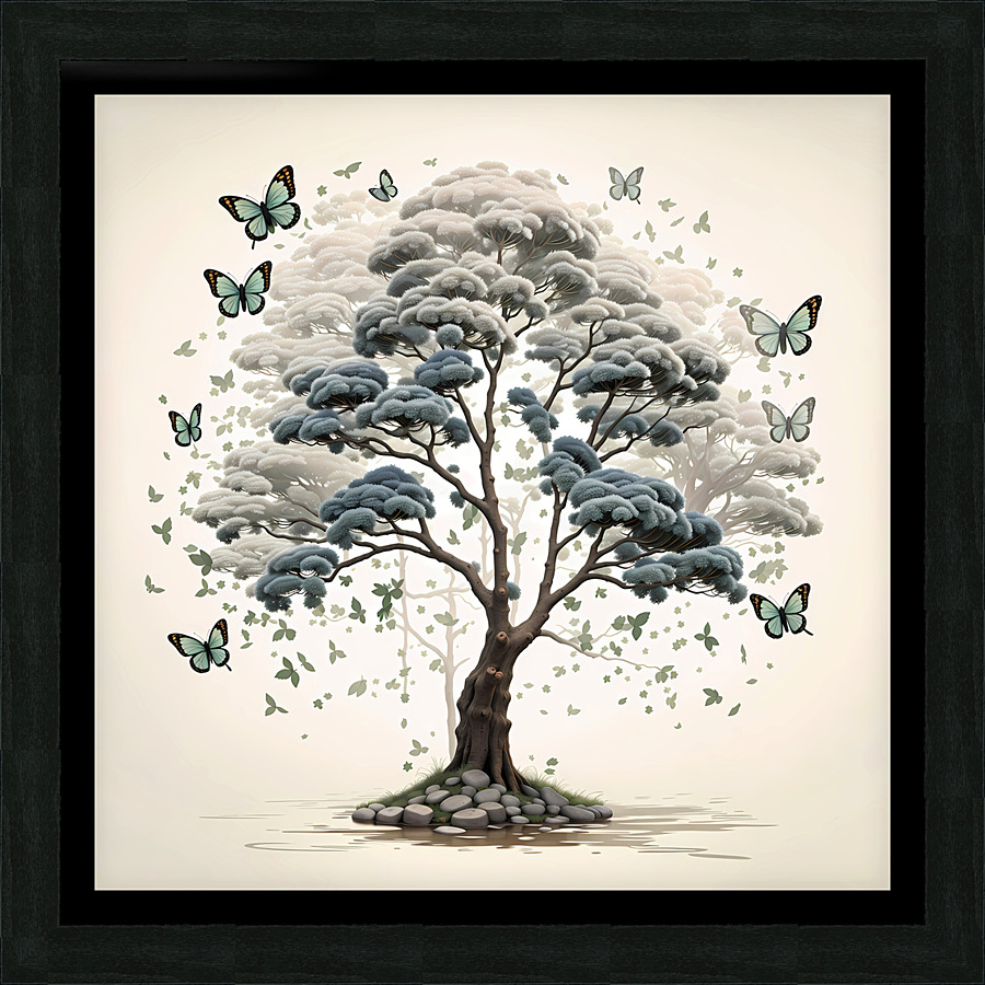 Double Exposition : Arbres et Papillons Picture Frame print