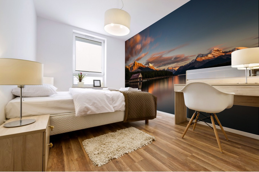 Dramatic Sunset at Maligne Lake Mural print