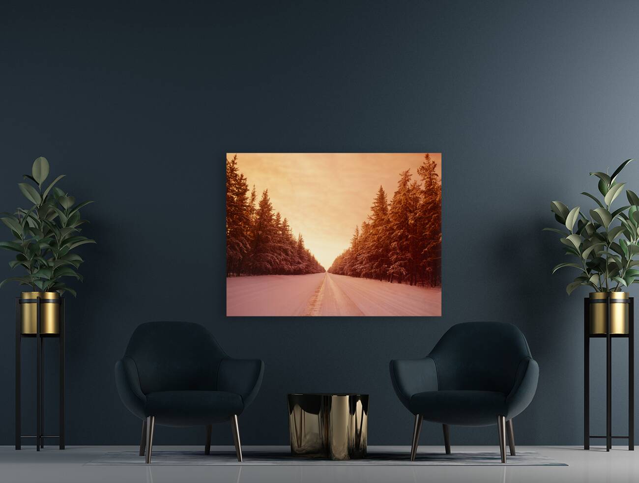 Winter Road Through Pine Forest Reproduction