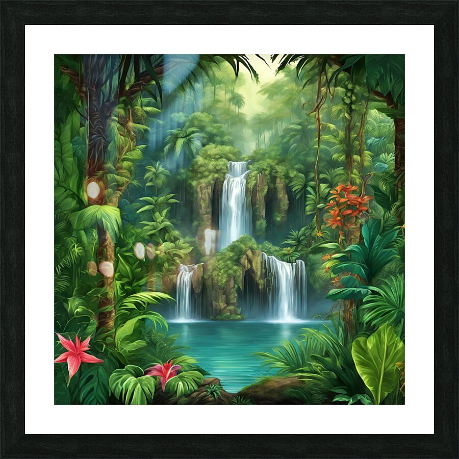 Enchanting waterfall in a lush jungle Picture Frame print